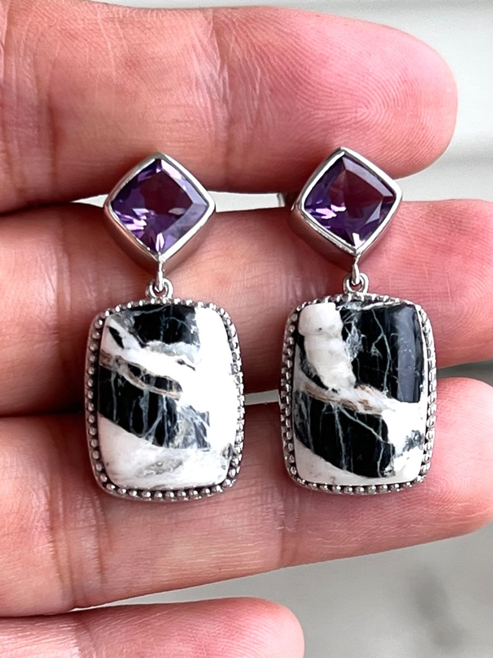 Sterling Silver White Buffalo And Amethyst Drop Earrings